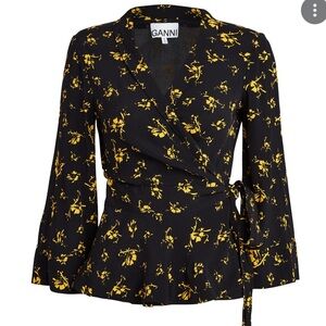 Ganni Floral Black and Yellow Wrap Top | Sz 32/S